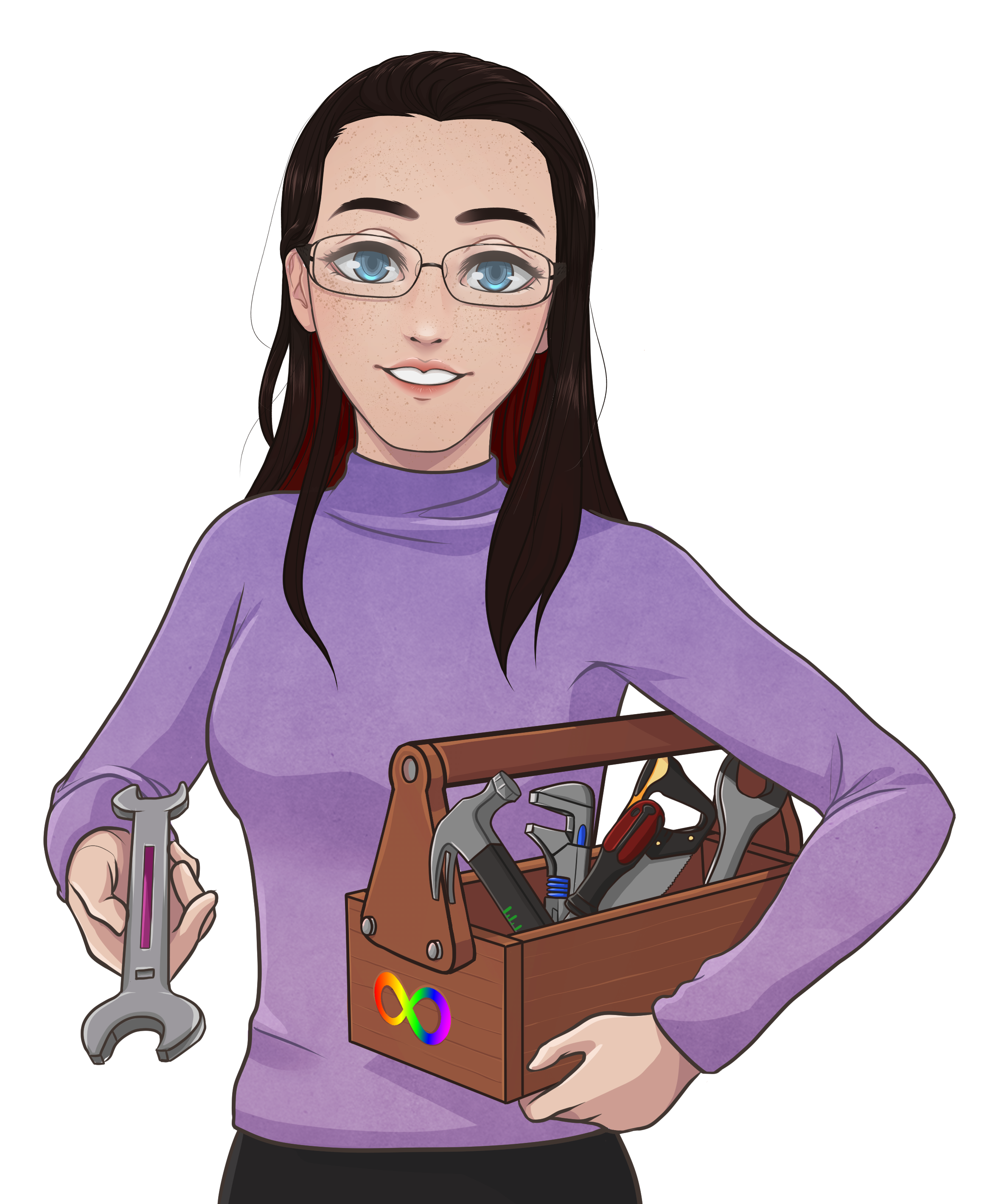 A picture of a pale person with glasses and blue eyes holding a toolbox and offering a spanner. The toolbox has the rainbow infinity symbol for neurodiversity on the side. An illustration of a person holding out a spanner